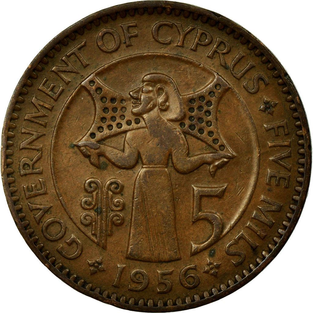 Cyprus 5 Mils Coin | Queen Elizabeth II | Bronze Age Man | KM34 | 1955 - 1956