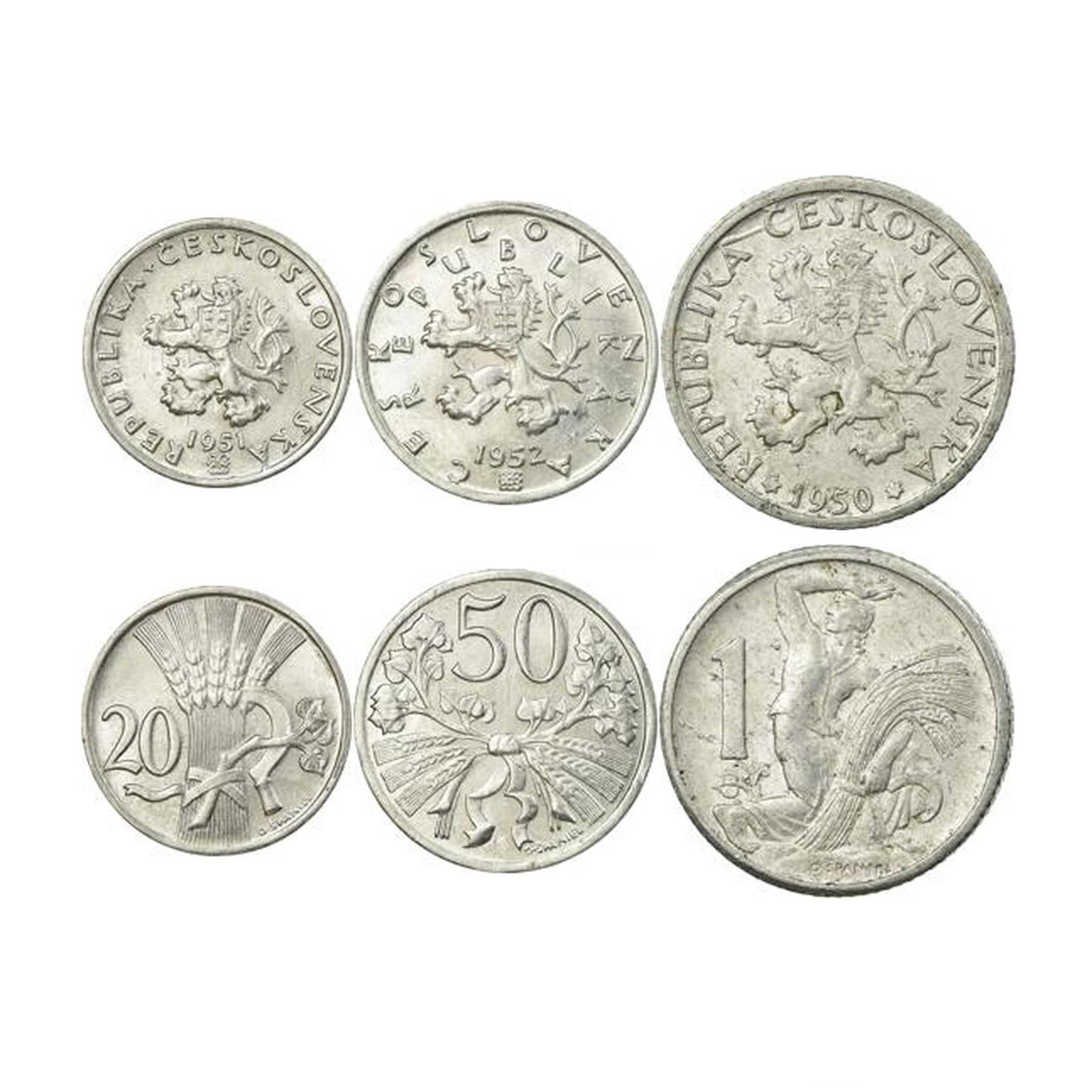 Czechoslovakia | 3 Coin Set | 20 50 Hellers 1 Koruna | Czech Lion | Linden Branch | Wheat Ears | 1947 - 1953