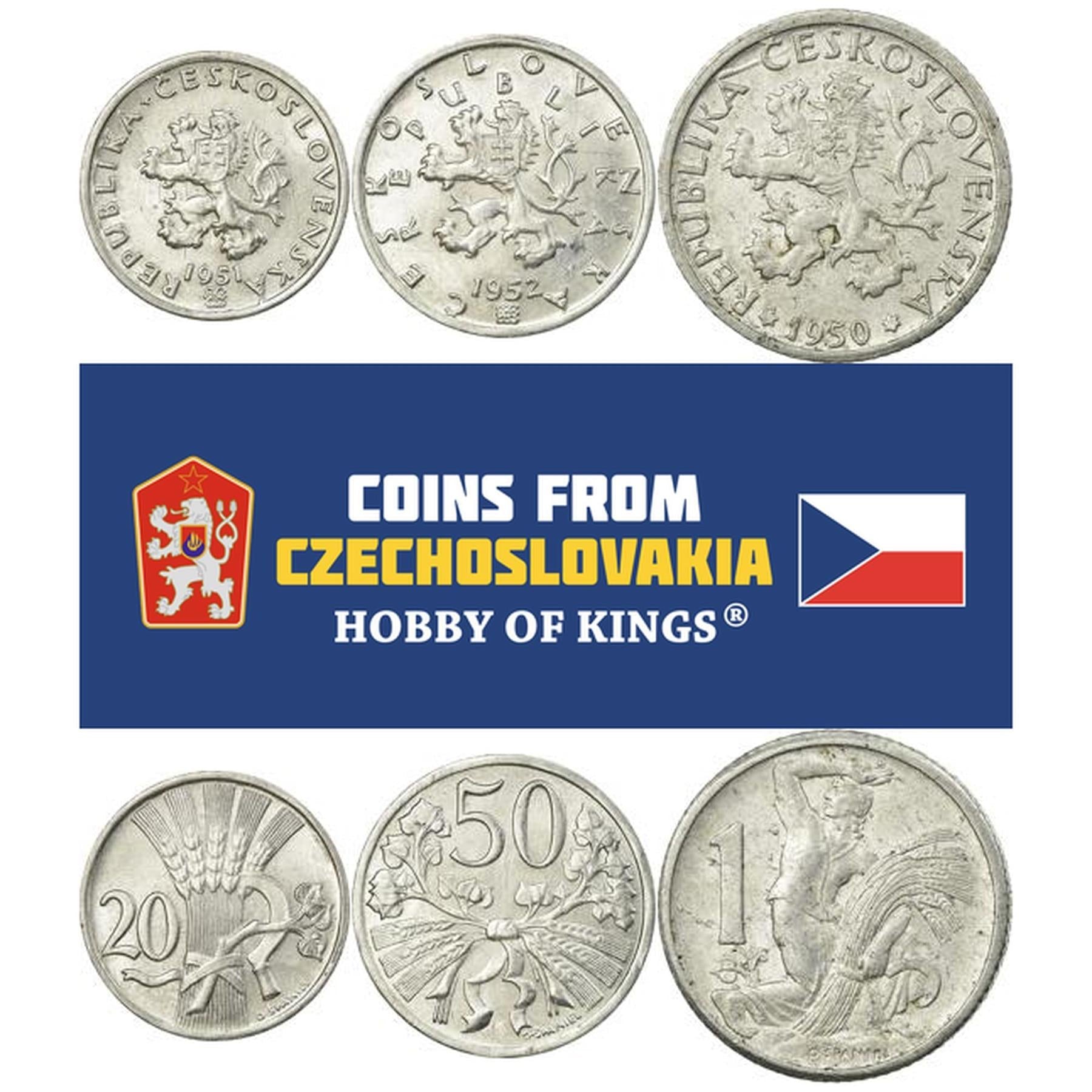 Czechoslovakia | 3 Coin Set | 20 50 Hellers 1 Koruna | Czech Lion | Linden Branch | Wheat Ears | 1947 - 1953