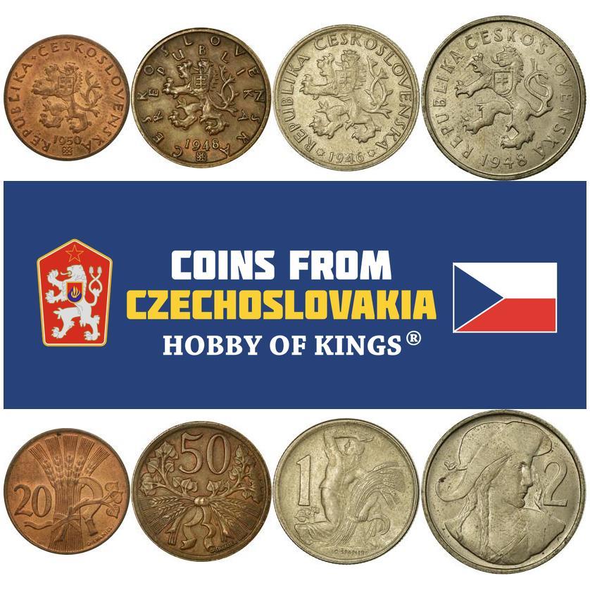 Czechoslovakia | 4 Coin Set | 20 50 Hellers 1 2 Koruna | Sickle | Czech Lion | Juraj Jánošík | 1946 - 1950