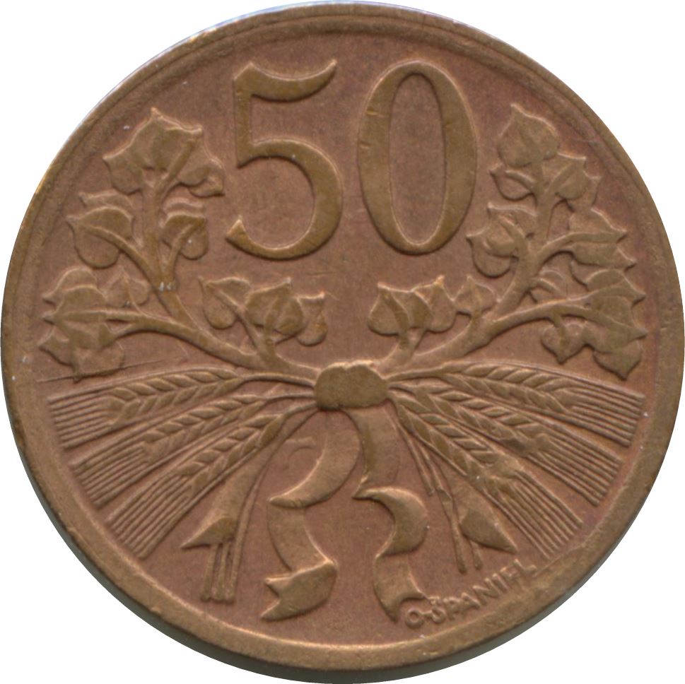 Czechoslovakia | 50 Haleru Coin | Linden Branch | KM21 | 1947 - 1950