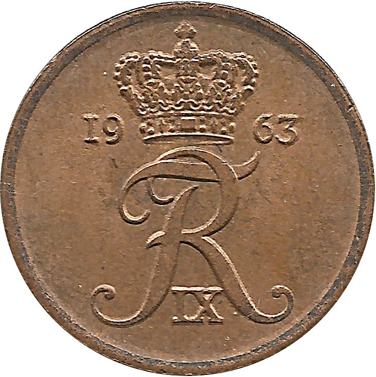 Danish 1 Ore Coin | King Frederik IX Monogram | KM846 | Denmark | 1960 - 1964