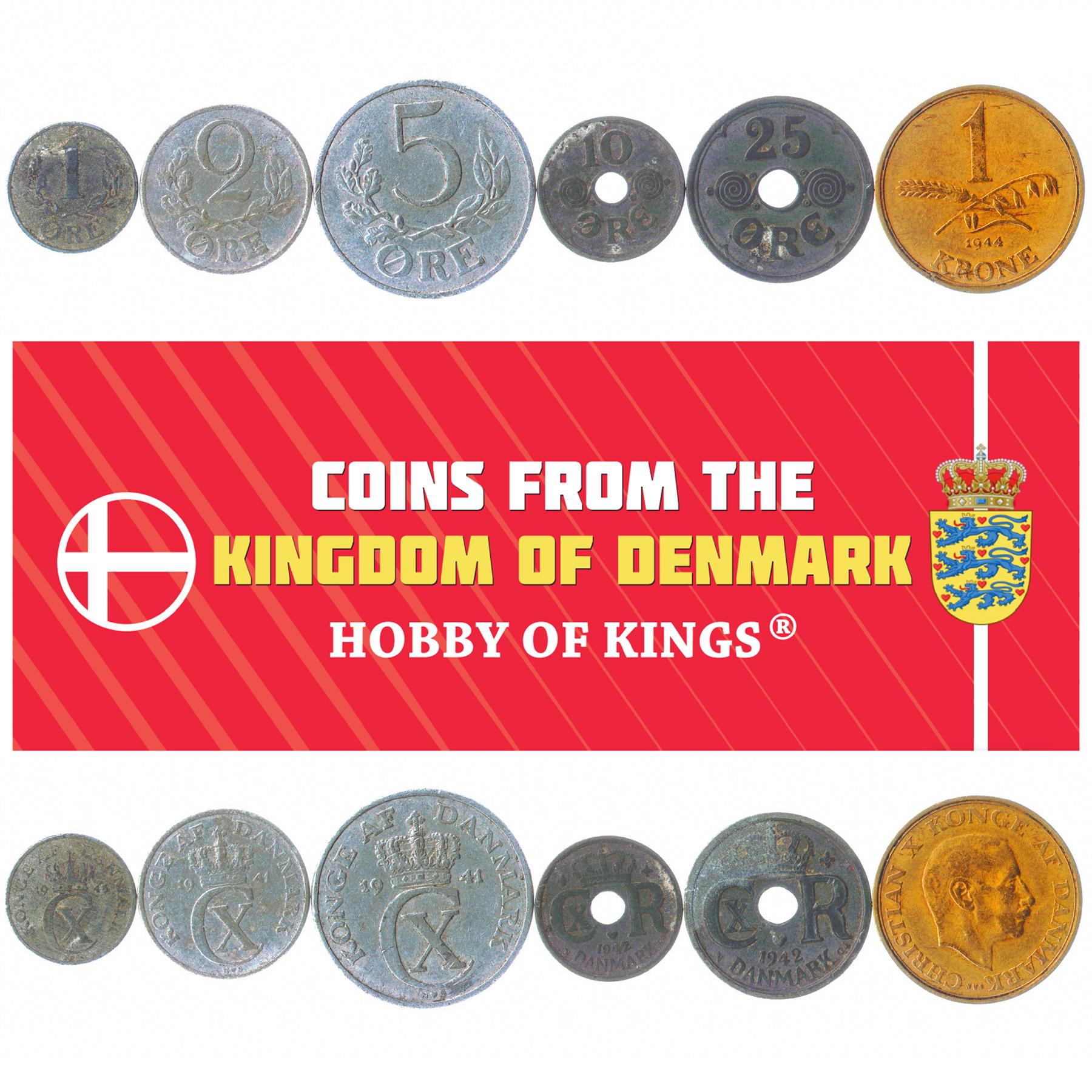 Danish 6 Coin Set 1 2 5 10 25 Øre 1 Krone | Christian X | 1941 - 1947