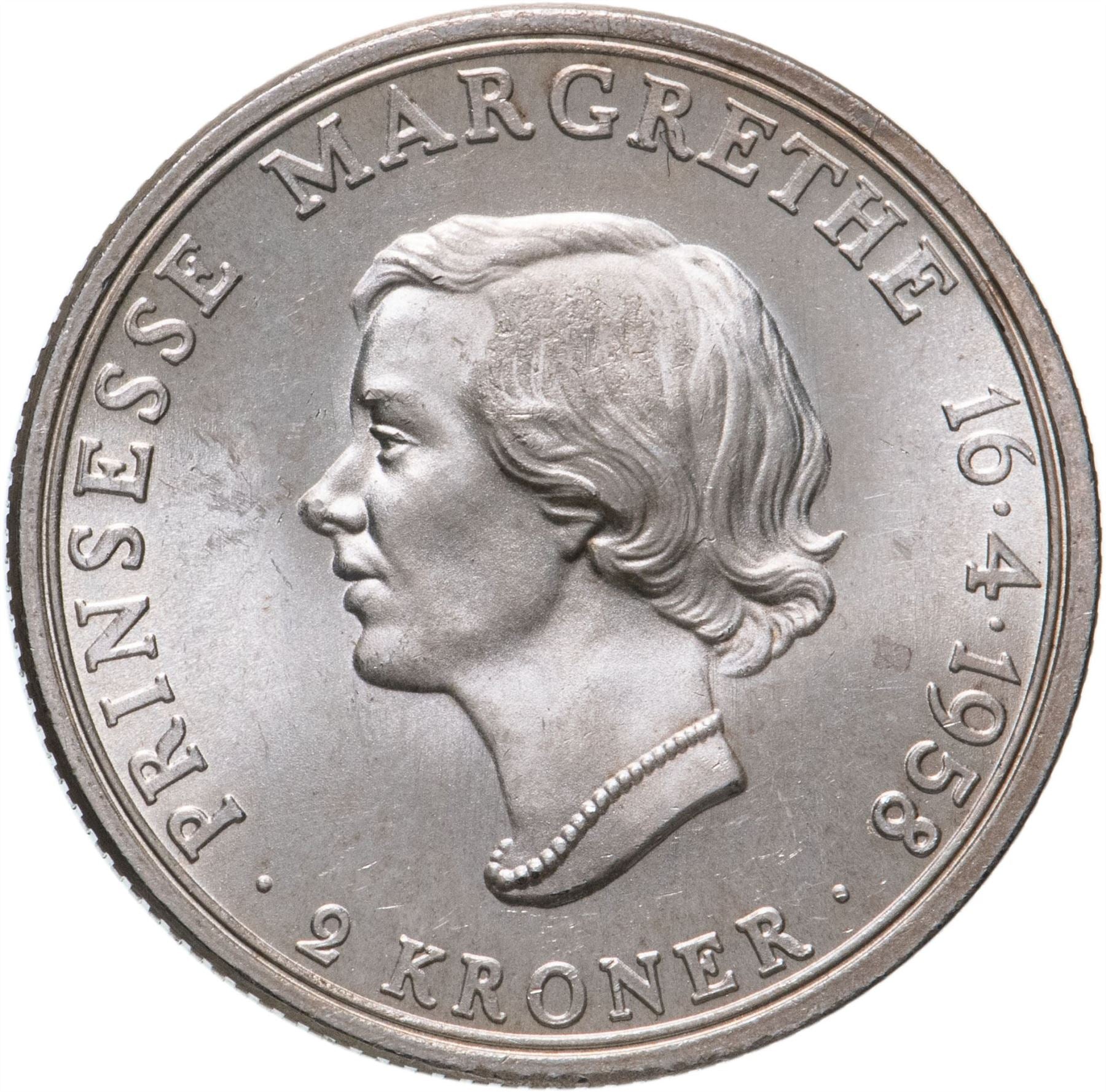 Danish Coin 2 Kroner | Frederik IX | Princess Margarethe | KM845 | Denmark | 1958