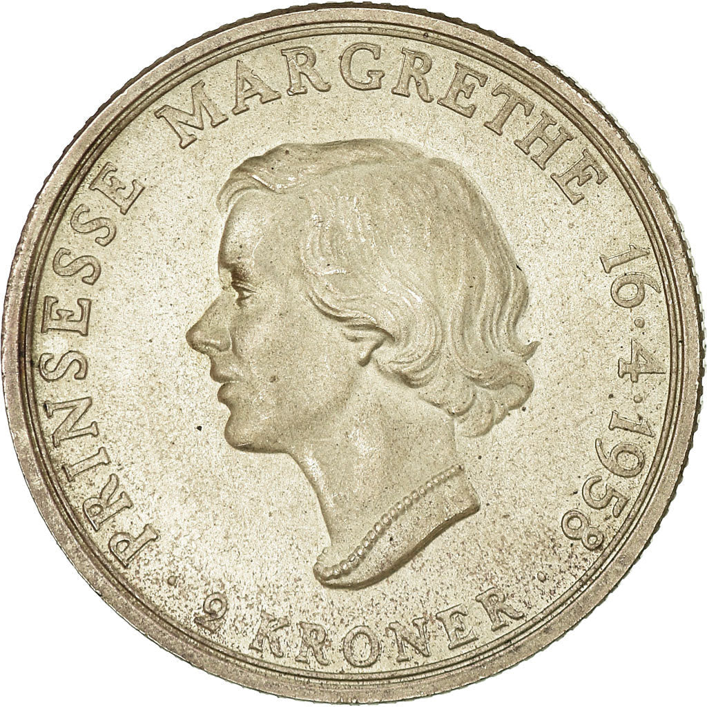 Danish Coin 2 Kroner | Frederik IX | Princess Margarethe | KM845 | Denmark | 1958