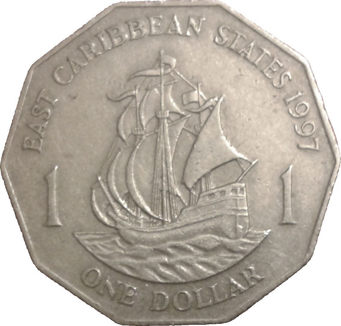 Eastern Caribbean States 1 Dollar Coin | Queen Elizabeth II | Golden Hind Ship | KM20 | 1989 - 2000