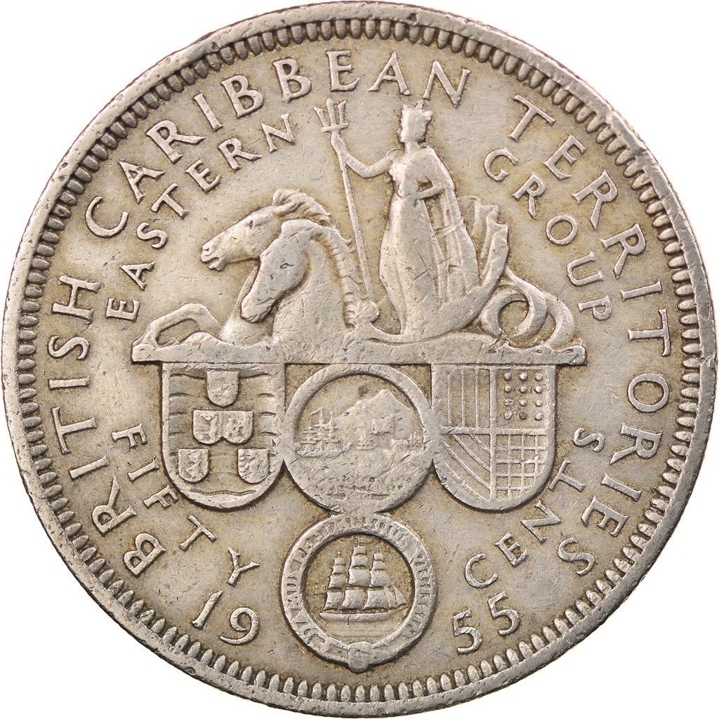 Eastern Caribbean States 50 Cents Coin | Queen Elizabeth II | Water Queen | Trident | Seahorse | KM7 | 1955 - 1965