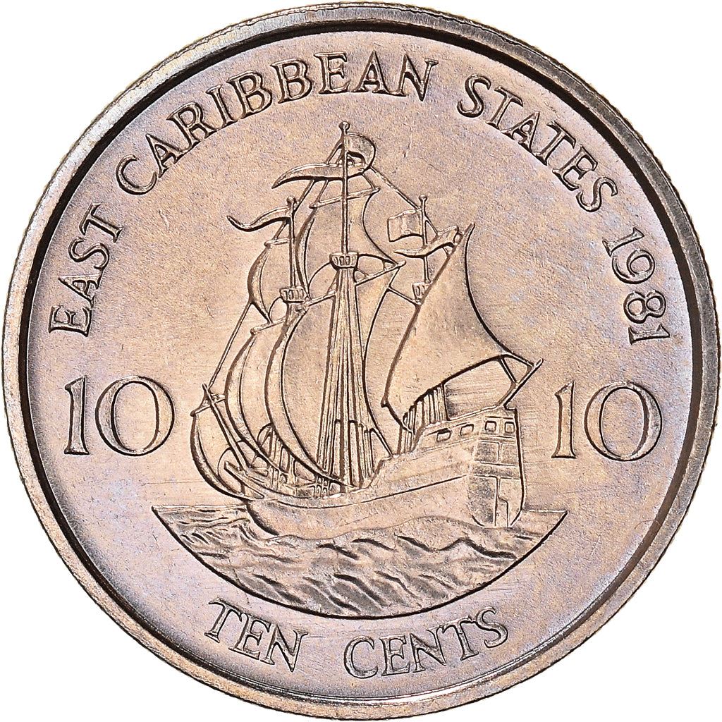 Eastern Caribbean States Coin 10 Cents | Queen Elizabeth II | Golden Hind Ship | KM13 | 1981 - 2000