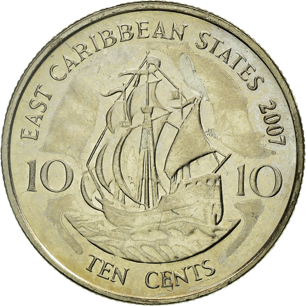 Eastern Caribbean States Coin 10 Cents | Queen Elizabeth II | Golden Hind Ship | KM37 | 2002 - 2007