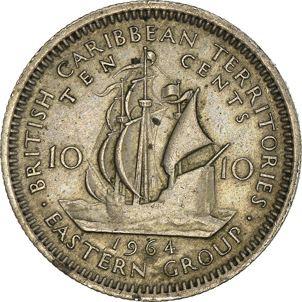 Eastern Caribbean States Coin 10 Cents | Queen Elizabeth II | Golden Hind Ship | KM5 | 1955 - 1965