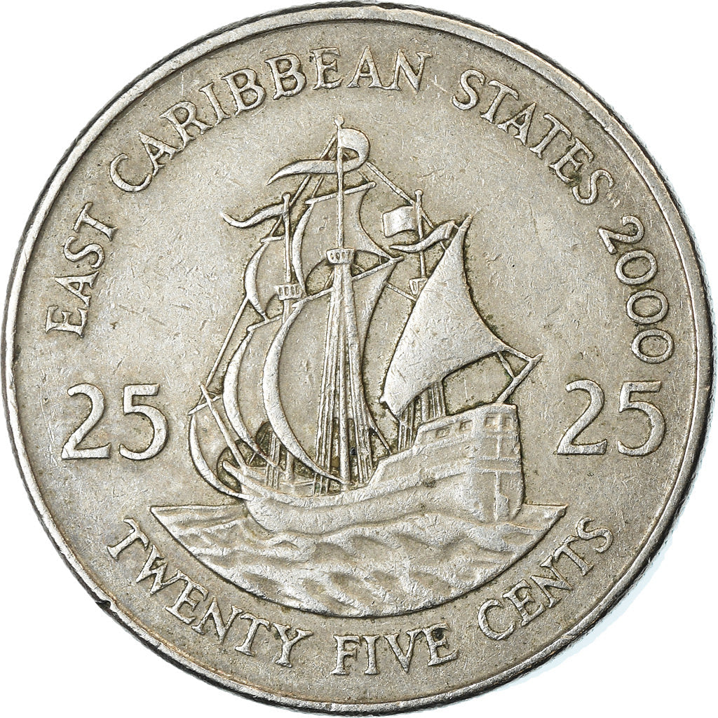 Eastern Caribbean States Coin 25 Cents | Queen Elizabeth II | Golden Hind Ship | KM14 | 1981 - 2000