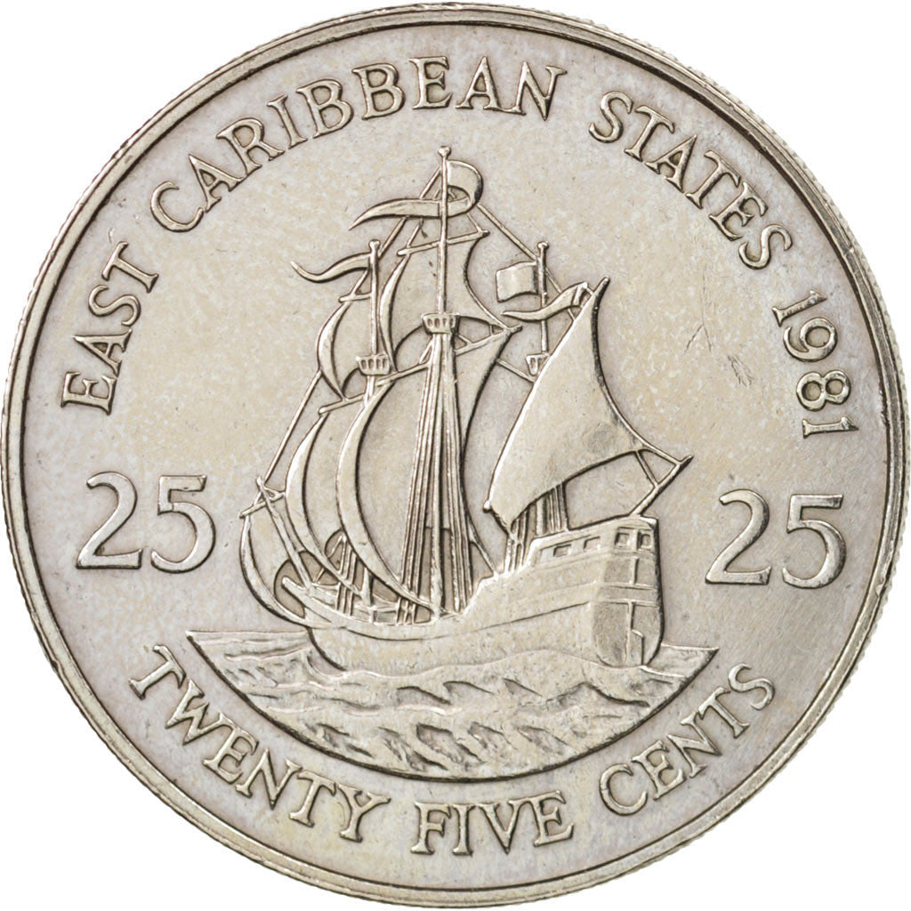 Eastern Caribbean States Coin 25 Cents | Queen Elizabeth II | Golden Hind Ship | KM14 | 1981 - 2000