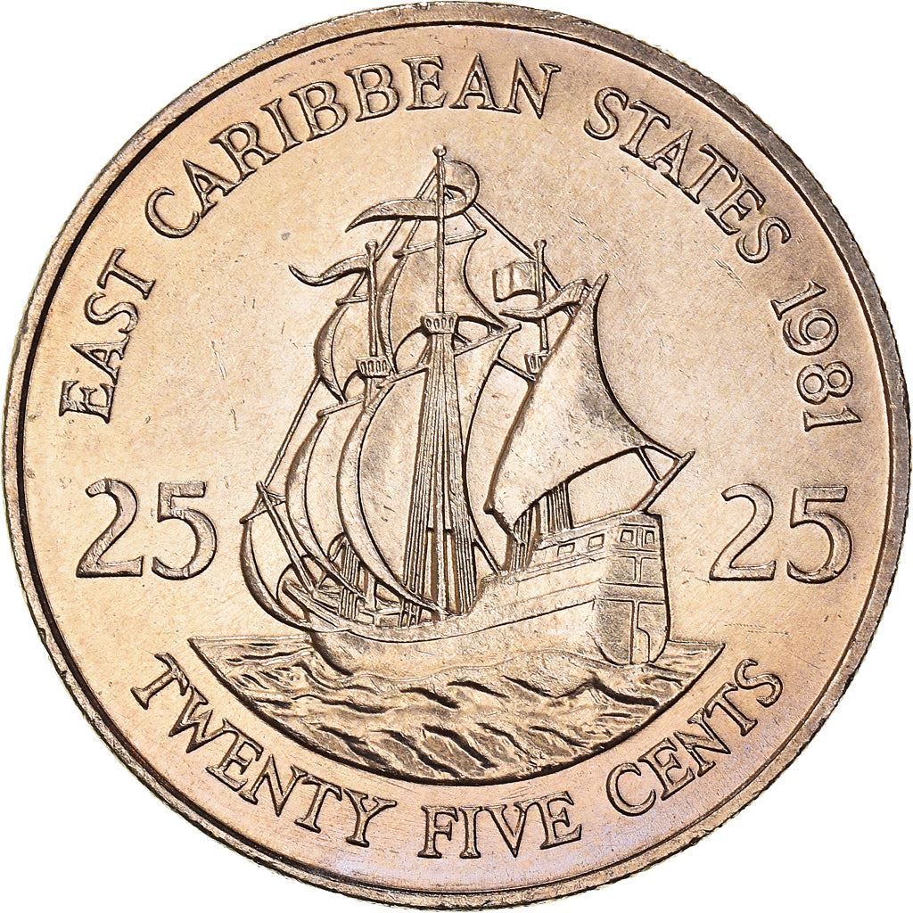 Eastern Caribbean States Coin 25 Cents | Queen Elizabeth II | Golden Hind Ship | KM14 | 1981 - 2000