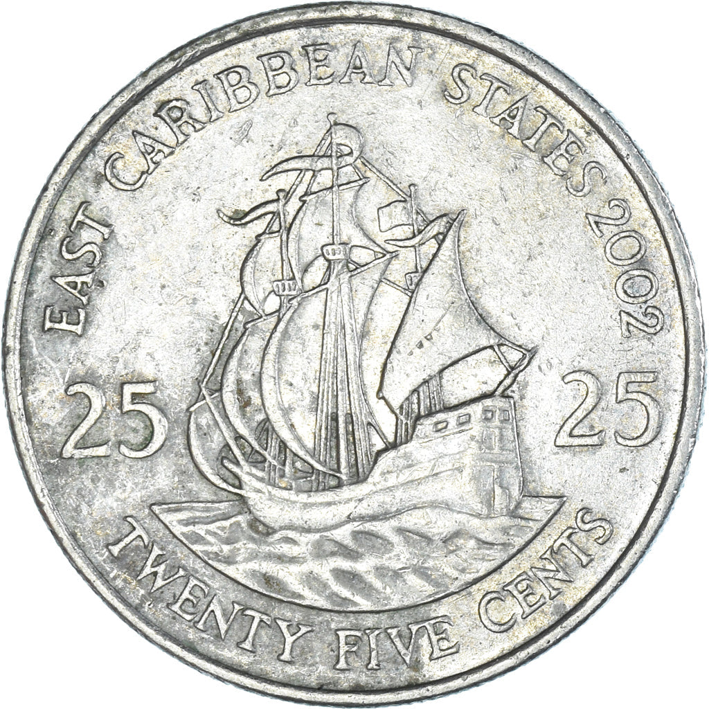 Eastern Caribbean States Coin 25 Cents | Queen Elizabeth II | Golden Hind Ship | KM38 | 2002 - 2007