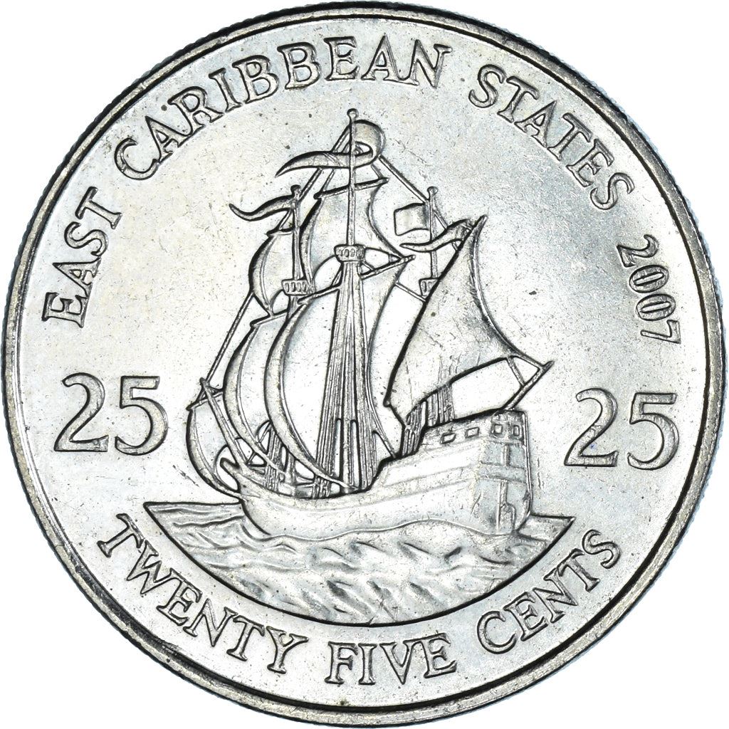 Eastern Caribbean States Coin 25 Cents | Queen Elizabeth II | Golden Hind Ship | KM38 | 2002 - 2007