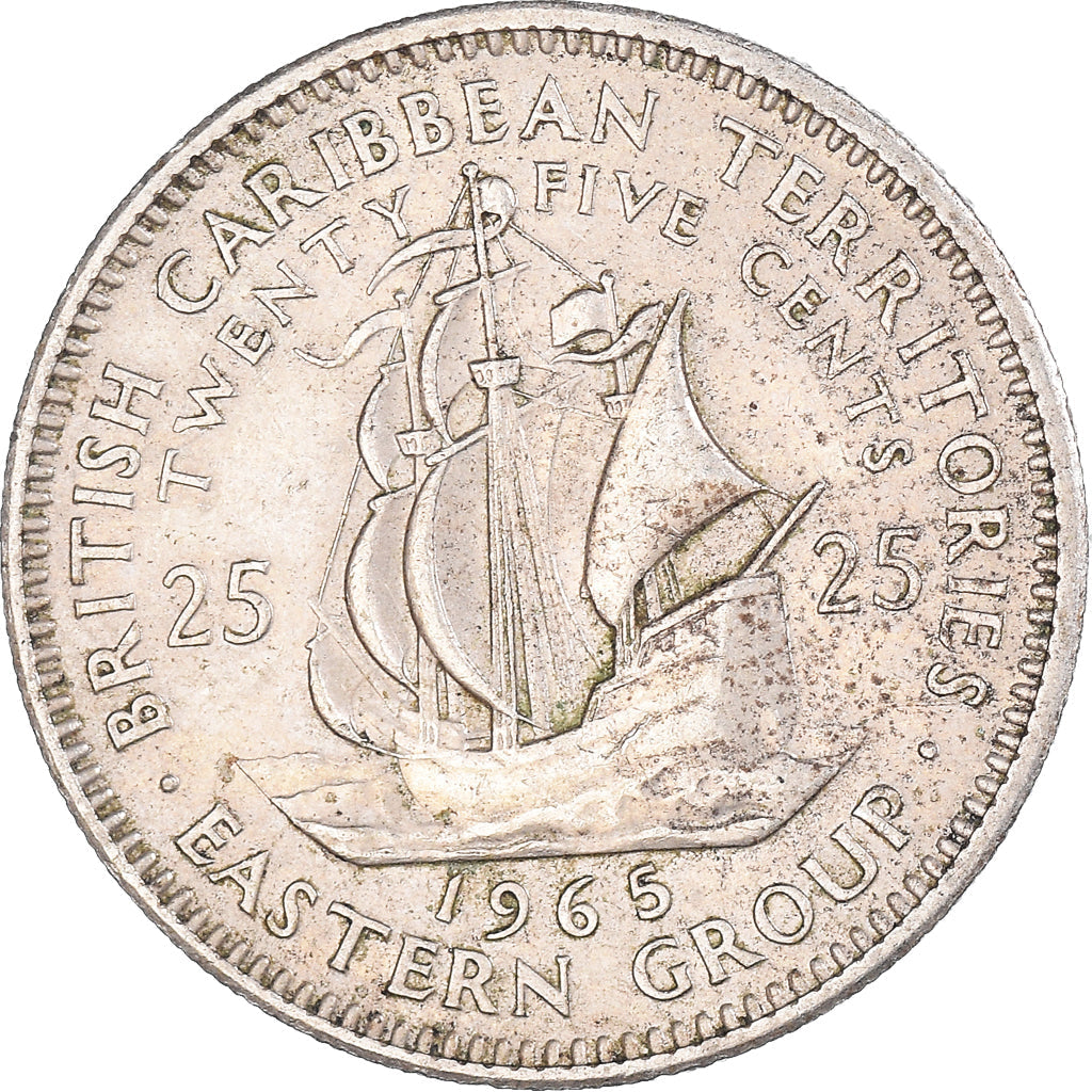 Eastern Caribbean States Coin 25 Cents | Queen Elizabeth II | Golden Hind Ship | KM6 | 1955 - 1965