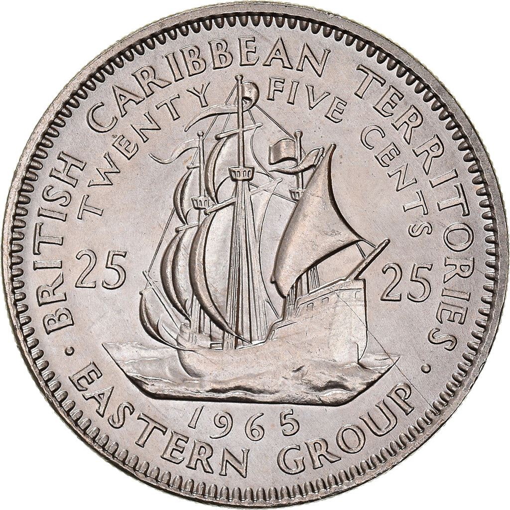 Eastern Caribbean States Coin 25 Cents | Queen Elizabeth II | Golden Hind Ship | KM6 | 1955 - 1965