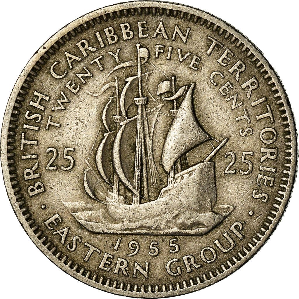 Eastern Caribbean States Coin 25 Cents | Queen Elizabeth II | Golden Hind Ship | KM6 | 1955 - 1965