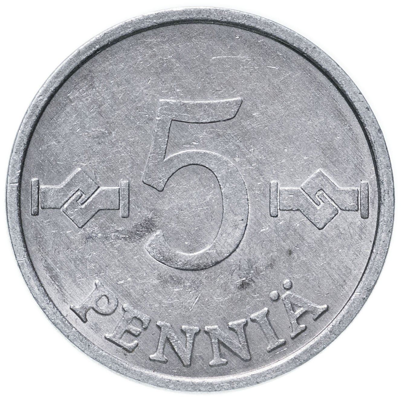 Finland Coin Finnish 5 Pennia | Saint Hannes Cross | KM45a | 1977 - 1990