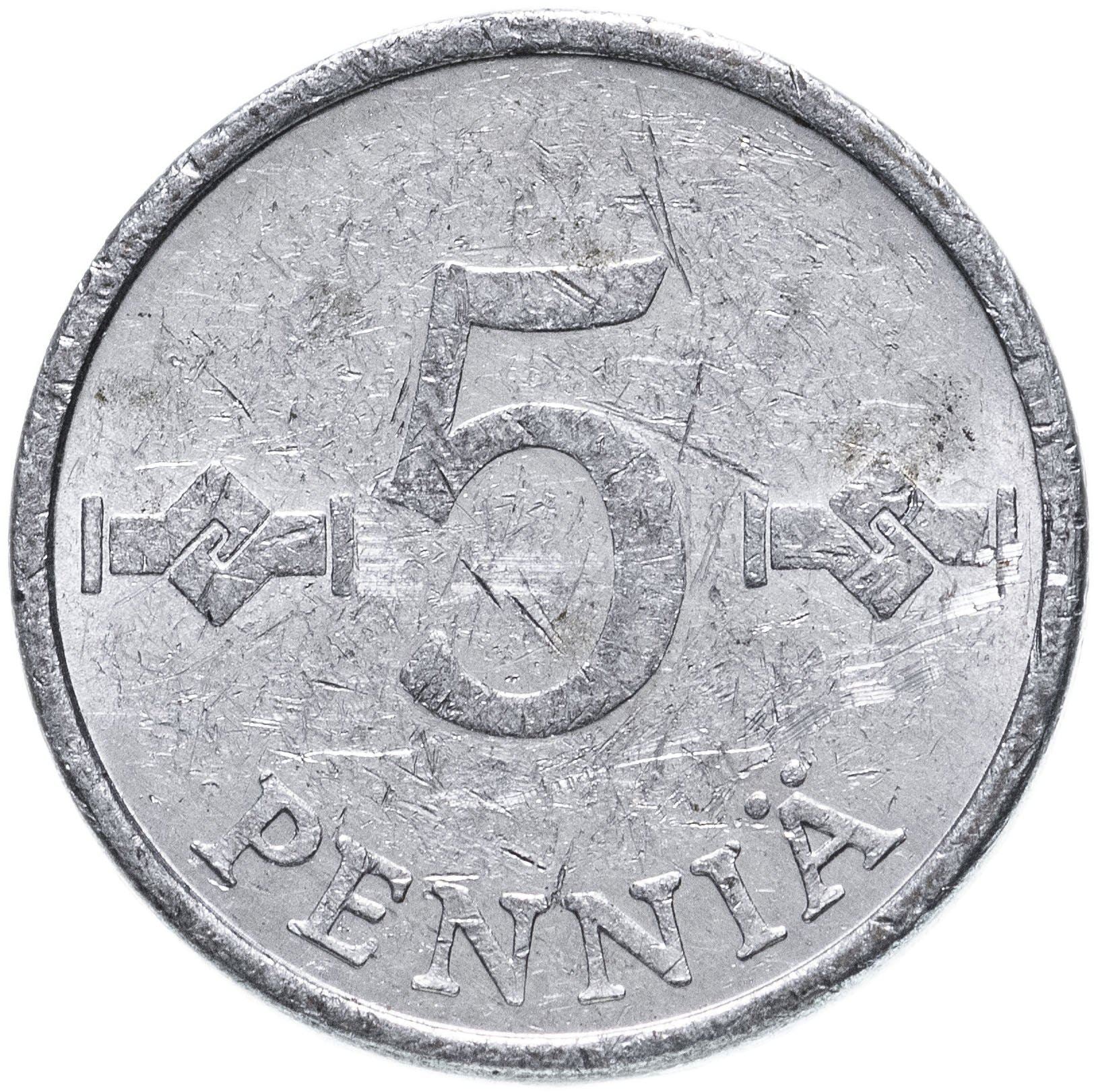 Finland Coin Finnish 5 Pennia | Saint Hannes Cross | KM45a | 1977 - 1990