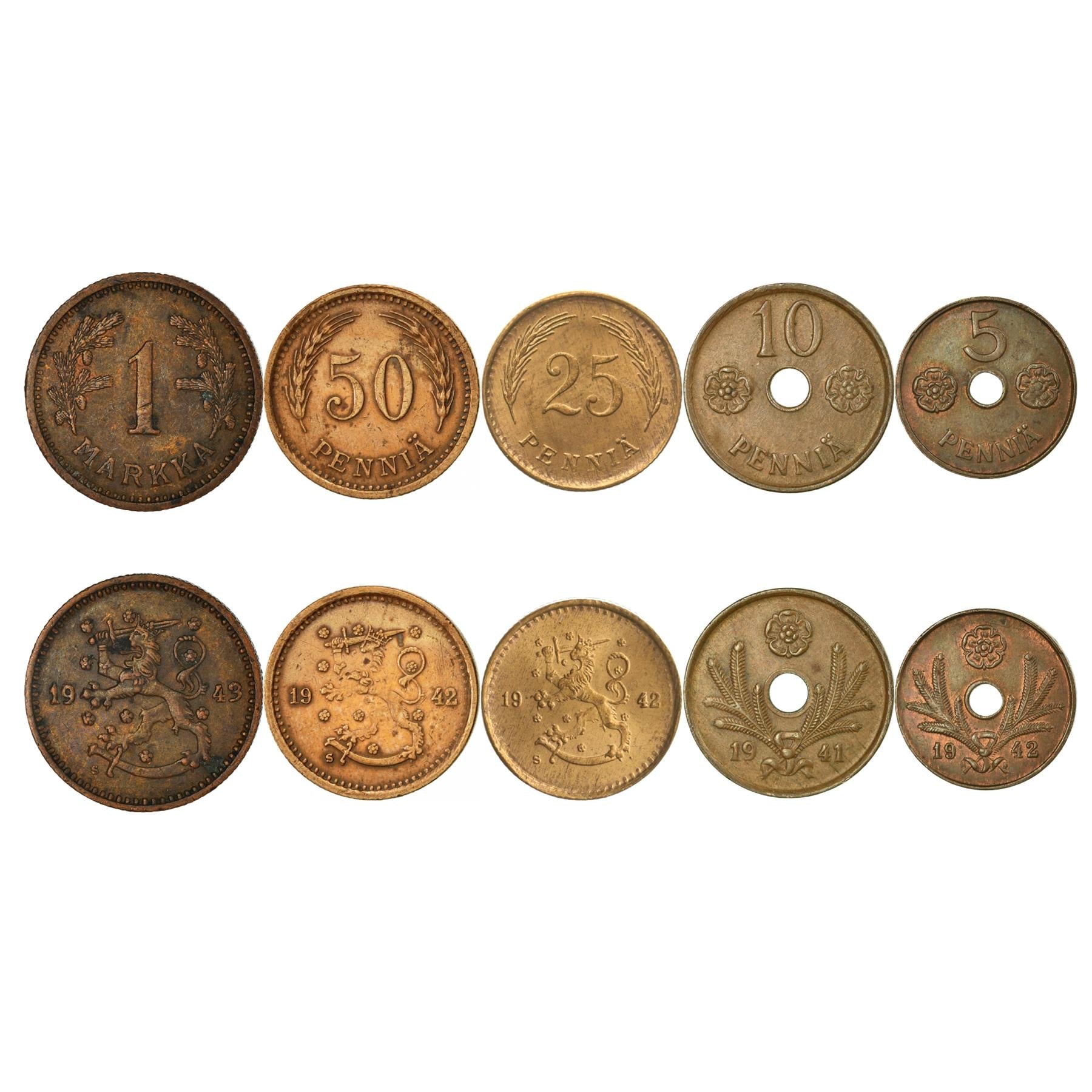 Finnish 5 Coin Set 5 10 25 50 Penniä 1 Markka | Rose | Finland | 1940 - 1943