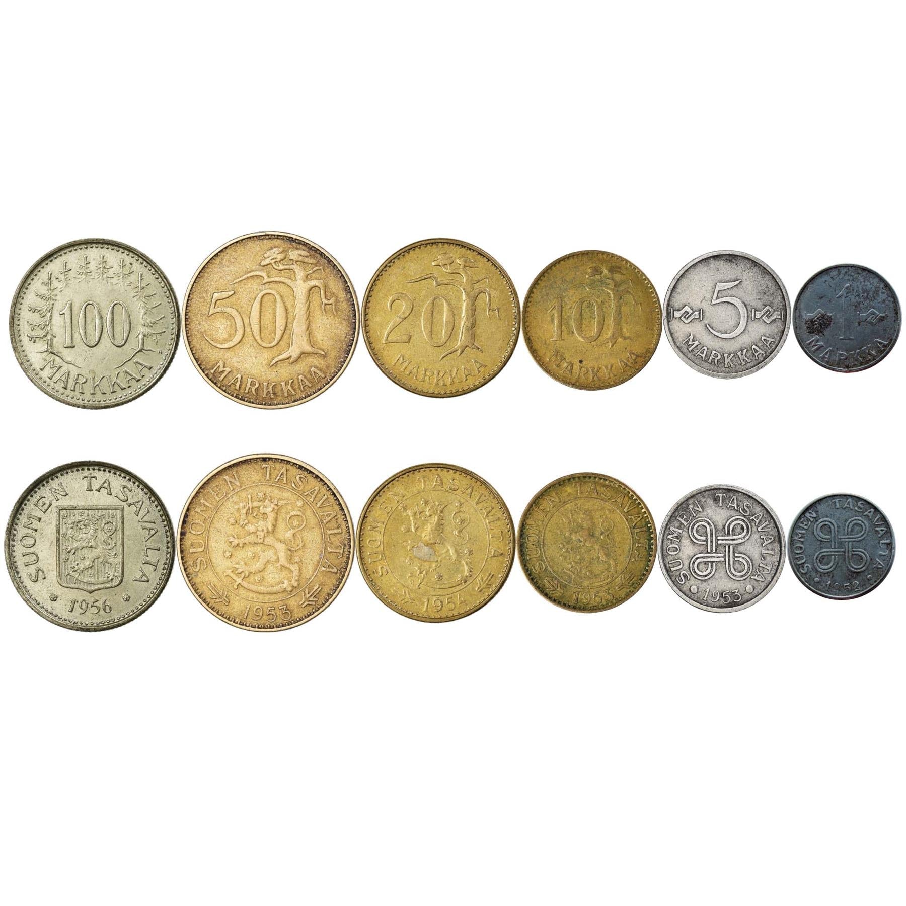 Finnish 6 Coin Set 1 5 10 20 50 100 Markkaa | Tree | Saint Hannes Cross | Finland | 1952 - 1962