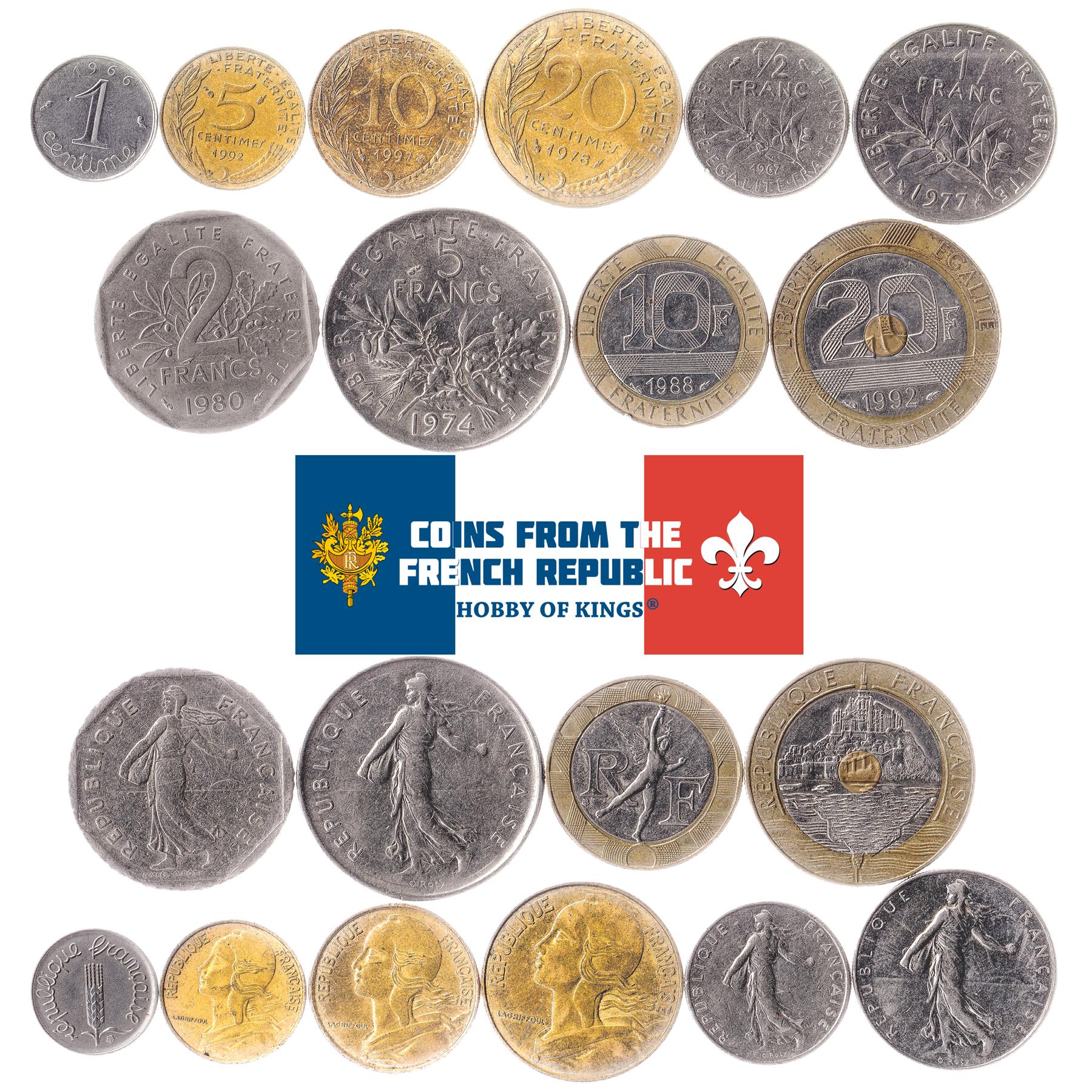 France | 10 Coin Set | 1 5 10 20 Centimes 1/2 1 2 5 10 20 Francs | Marianne | 1960 - 2001