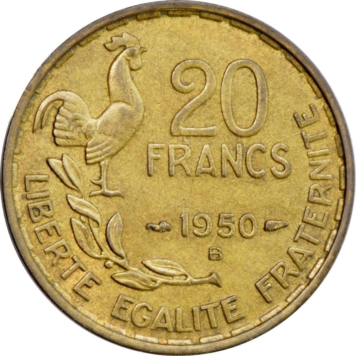 France | 20 Francs Coin | Rooster | Km:916 | 1950