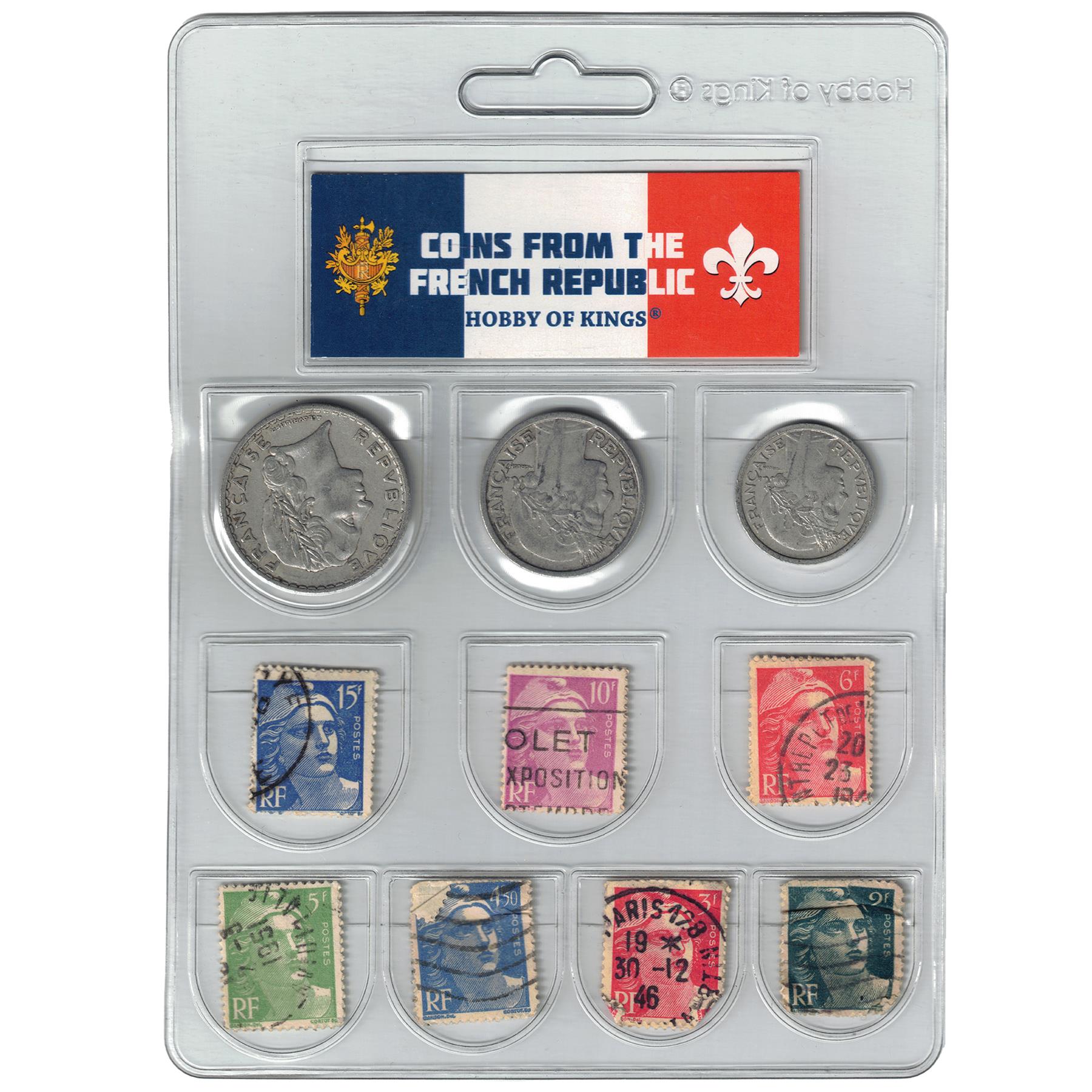 France 3 Coin Set | 1 2 5 Francs | 14 French Postage Stamps | Marianne de Gandon | 1945 - 1951