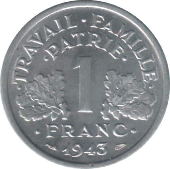 French 1 Franc Coin | Vichy French State | light type | KM902 | France | 1942 - 1944