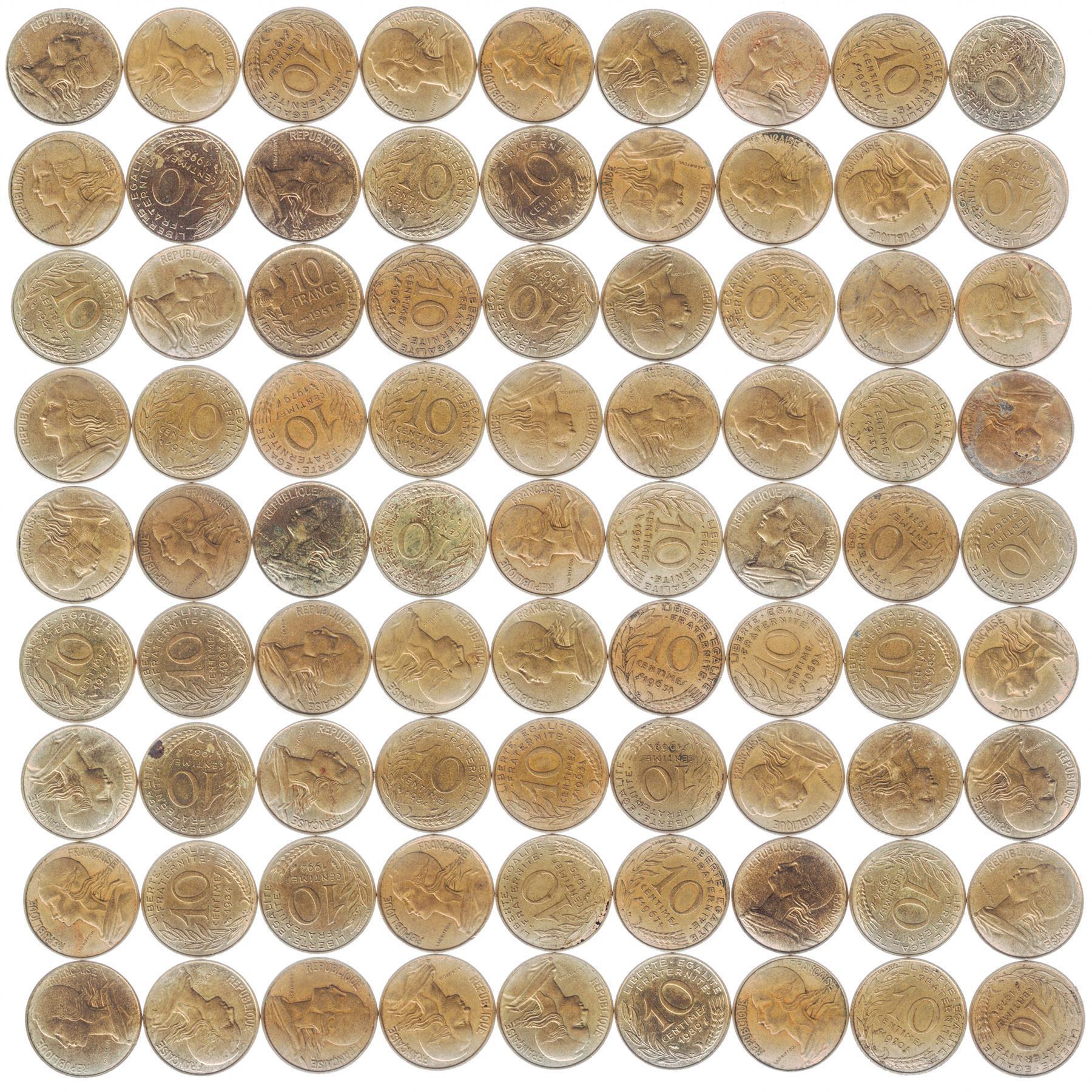 French 10 Centimes | 100 Coins | KM929 | France | Marianne | 1962 - 2001