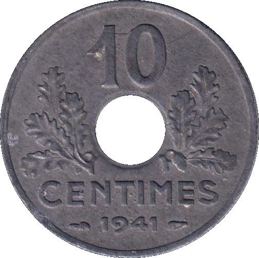 French 10 Centimes Coin | Vichy French State; large issue | KM898 | France | 1941 - 1943