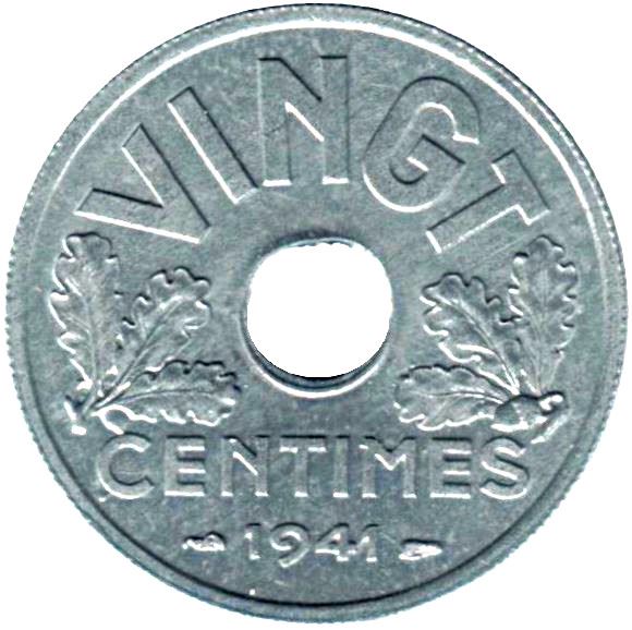 French | 20 Centimes Coin | Vichy French State | KM899 | France | 1941