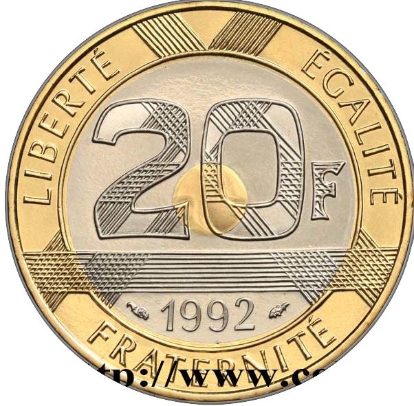 French | 20 Francs Coin | Mont Saint Michel tranche lisse | KM1008 | France | 1992 - 2001