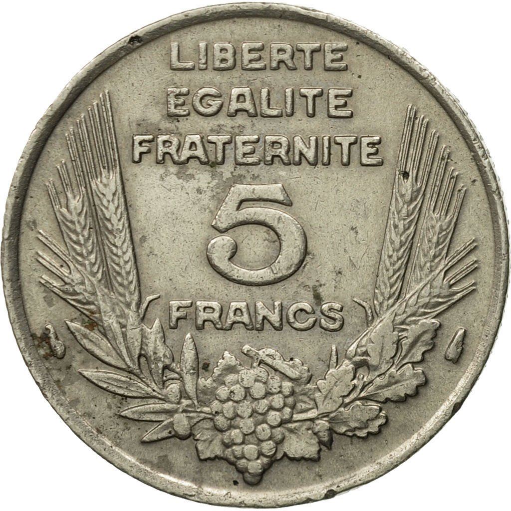 French 5 Francs Coin | Third Republic Bazor | KM887 | France | 1933