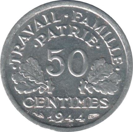 French 50 Centimes Coin | KM914 | France | 1943 - 1944