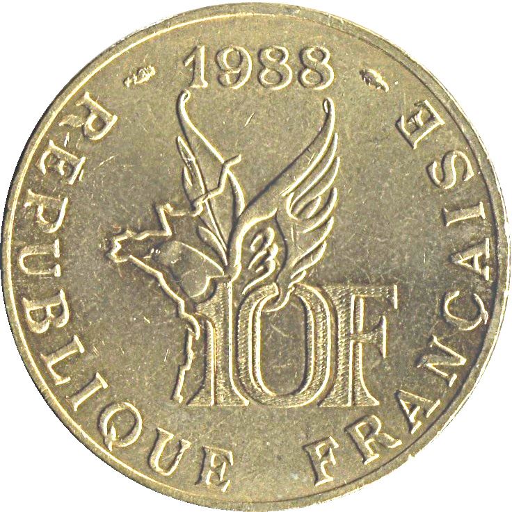 French Coin 10 Francs | Roland Garros | Bird | Plane | KM965 | France | 1988