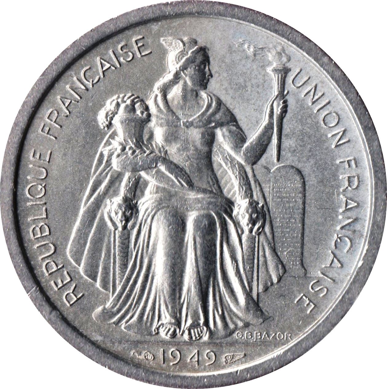 French Oceania Coin 2 Francs | Marianne | Winged Phrygian Cap | Palm Tree | Boat | KM3 | 1949