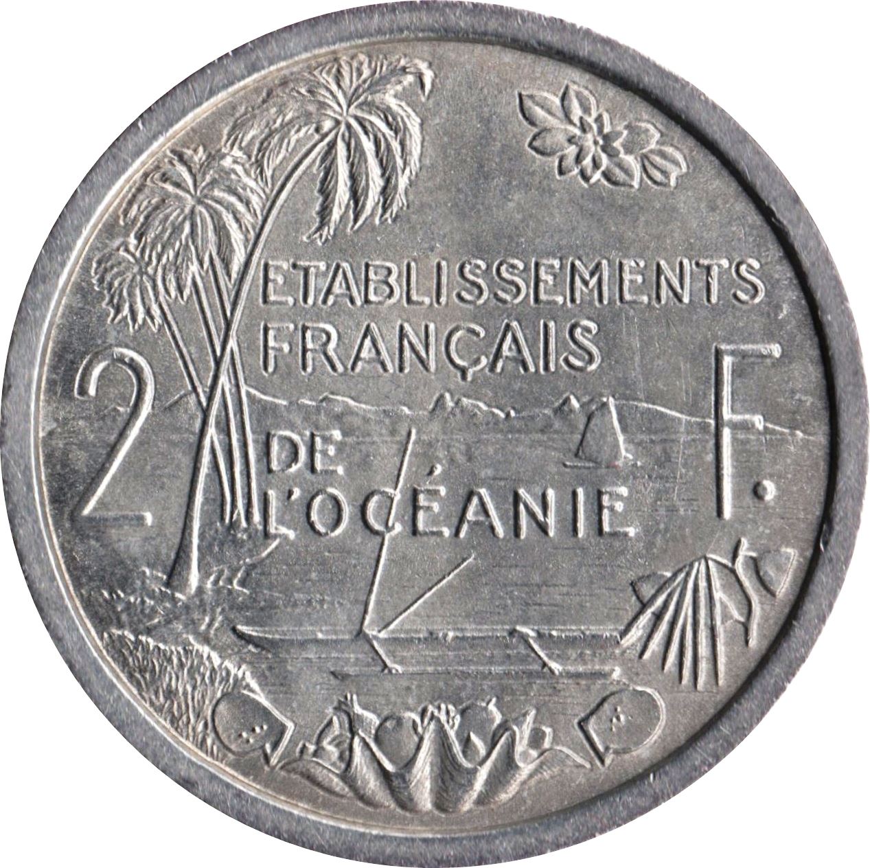 French Oceania Coin 2 Francs | Marianne | Winged Phrygian Cap | Palm Tree | Boat | KM3 | 1949