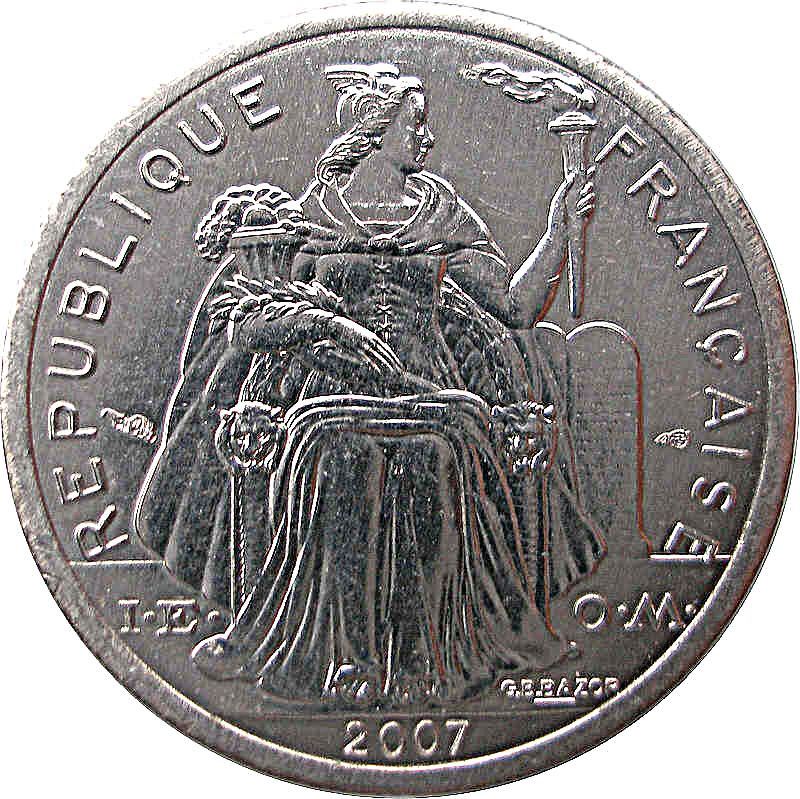 French Polynesia Coin French Polynesian 1 Franc | Liberty Sitting | Throne | Palm Tree | Sailboat | KM11 | 1975 - 2020