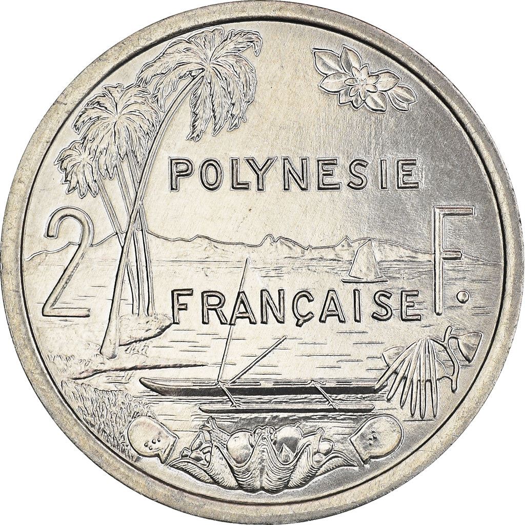 French Polynesia Coin French Polynesian 2 Francs | Liberty Sitting | Throne | Palm Tree | Sailboat | KM10 | 1973 - 2020