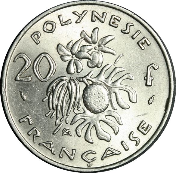 French Polynesia Coin French Polynesian 20 Francs | Marianne | Phrygian Cap | Flowers | KM9 | 1972 - 2005