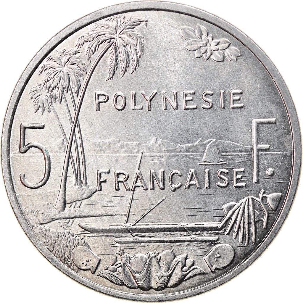 French Polynesia Coin French Polynesian 5 Francs | Liberty Sitting | Throne | Palm Tree | Sailboat | KM12 | 1975 - 2020