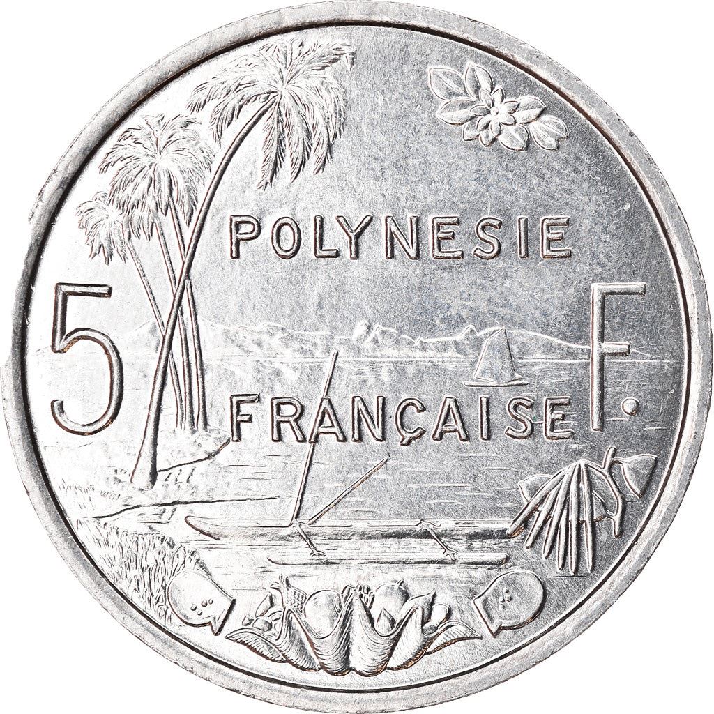 French Polynesia Coin French Polynesian 5 Francs | Liberty Sitting | Throne | Palm Tree | Sailboat | KM12 | 1975 - 2020