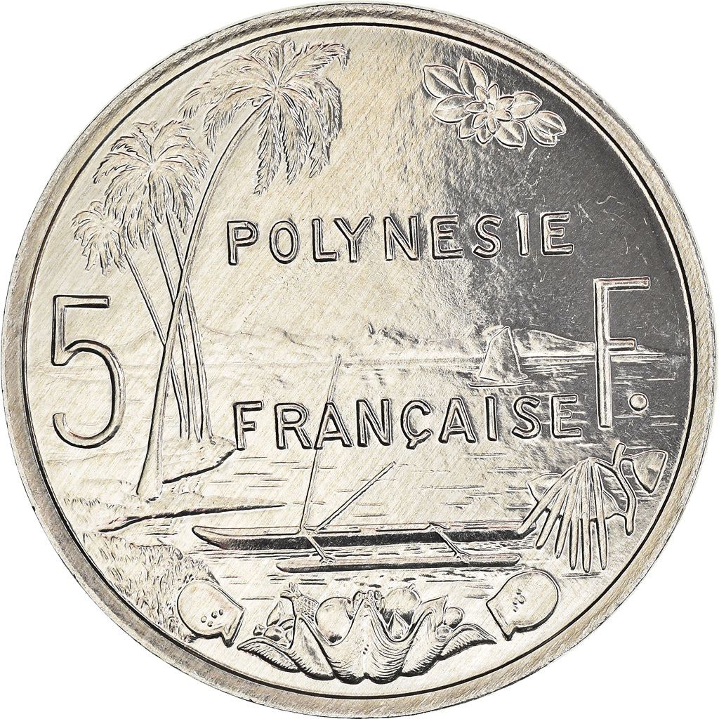 French Polynesia Coin French Polynesian 5 Francs | Liberty Sitting | Throne | Palm Tree | Sailboat | KM12 | 1975 - 2020