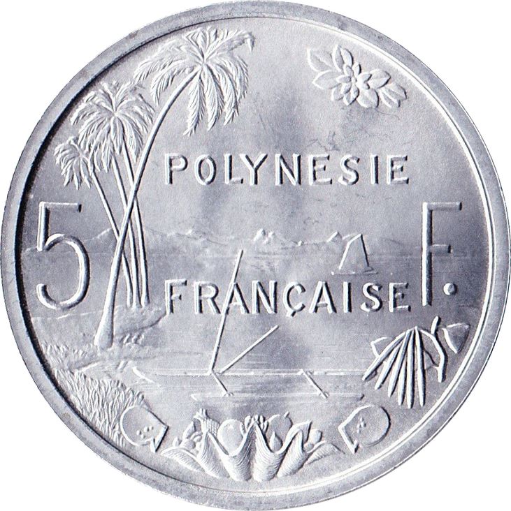 French Polynesia Coin French Polynesian 5 Francs | Liberty Sitting | Throne | Palm Tree | Sailboat | KM4 | 1965