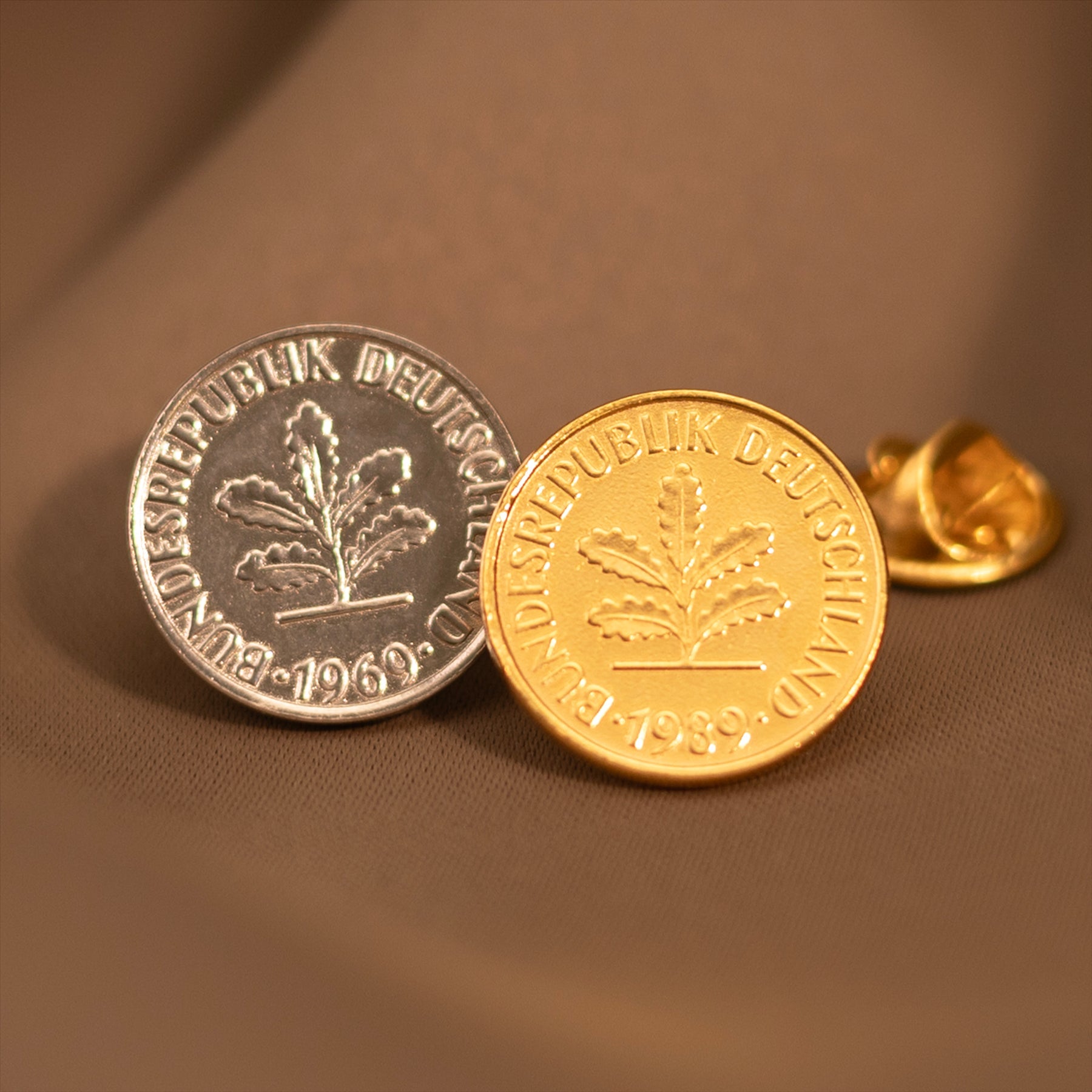 German Coin Pin Brooch Badge | Genuine 5 Pfennig | 18K Gold Plated | Oak Seedling | German Roots