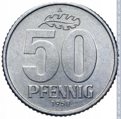 German Democratic Republic 50 Pfennig Coin | DDR | Oak Leave | KM12.1 | 1958