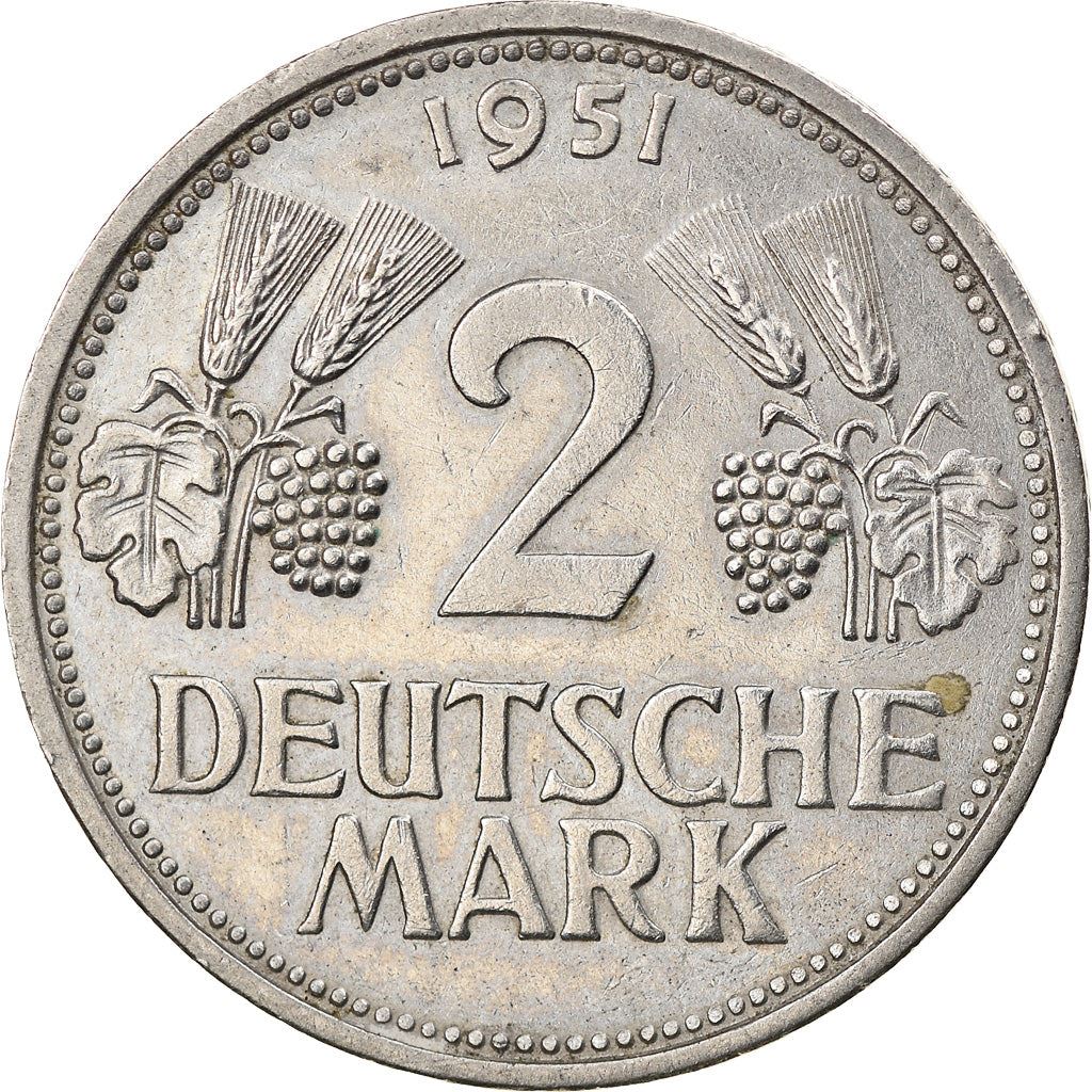 Germany 2 Deutsche Mark Coin | Grape | Rain | Eagle | KM111 | 1951