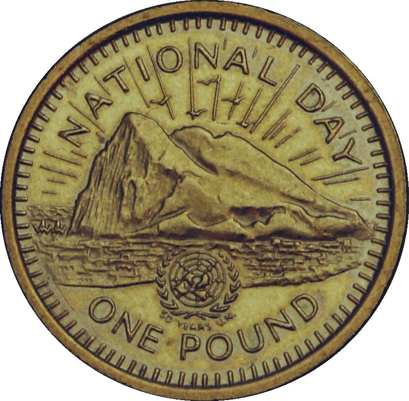 Gibraltar | 1 Pound Coin | Queen Elizabeth II | National Day | Gibraltar Rock | Bird | Sun | KM340 | 1995